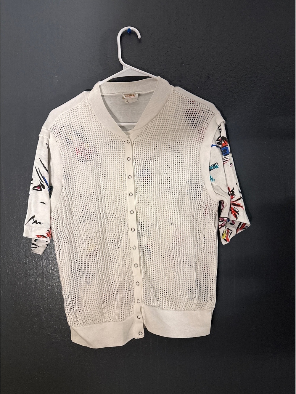 Vintage New York Knit Works Cream Mesh Button-Up Cardigan with Multi-Color Print